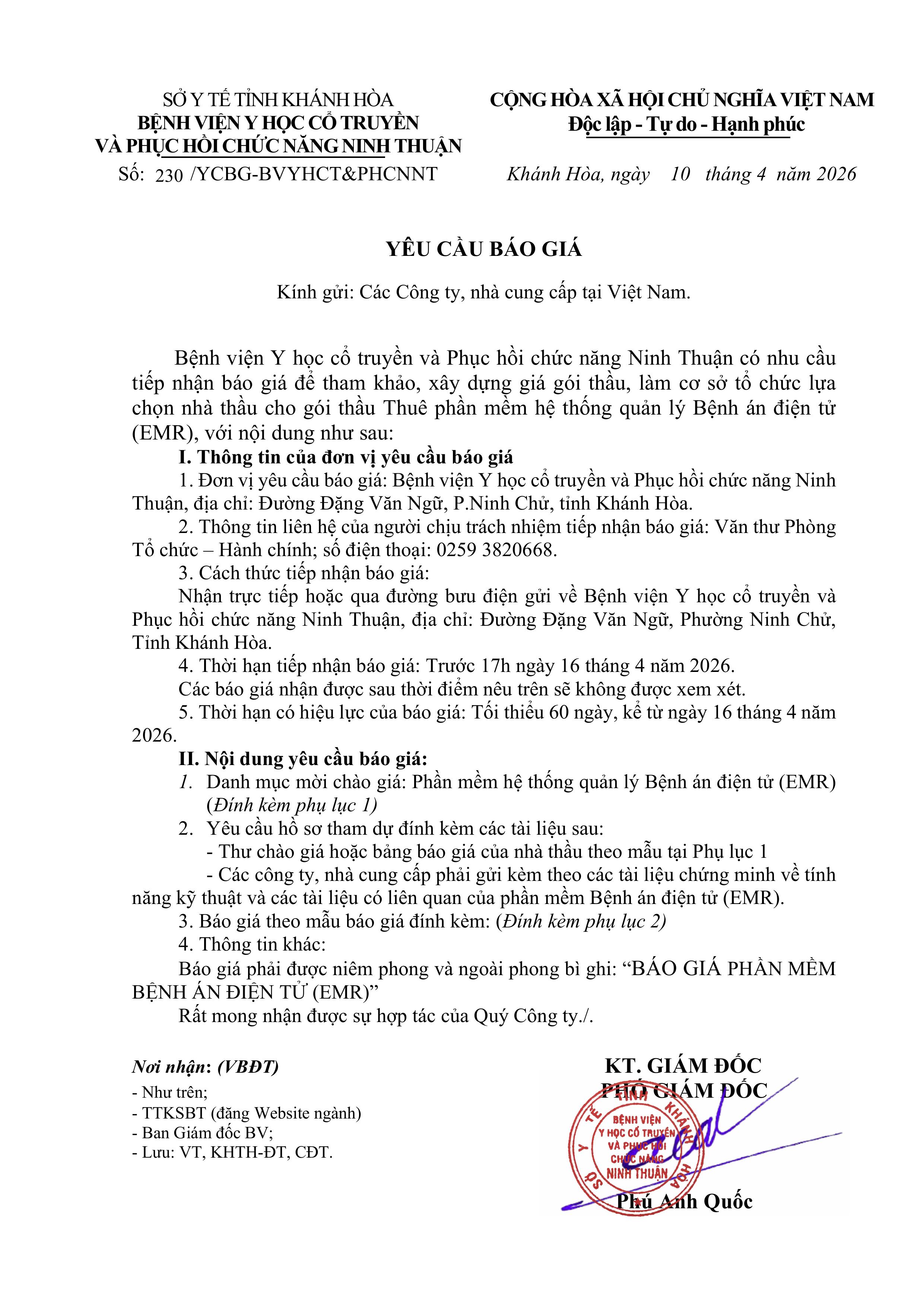 Thư mời báo giá để tham khảo, xây dựng giá gói thầu, làm cơ sở tổ chức lựa chọn nhà thầu cho gói thầu Thuê phần mềm hệ thống quản lý Bệnh án điện tử (EMR)